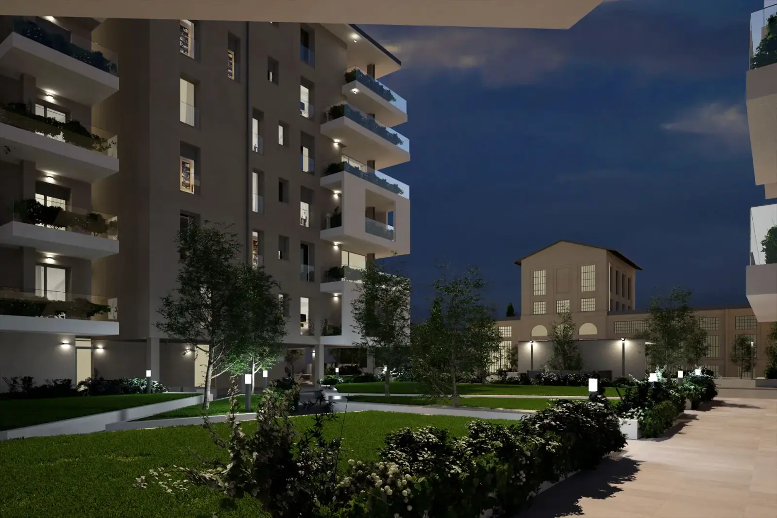 Comparto Ex AMCM in via Peretti illuminato di sera
