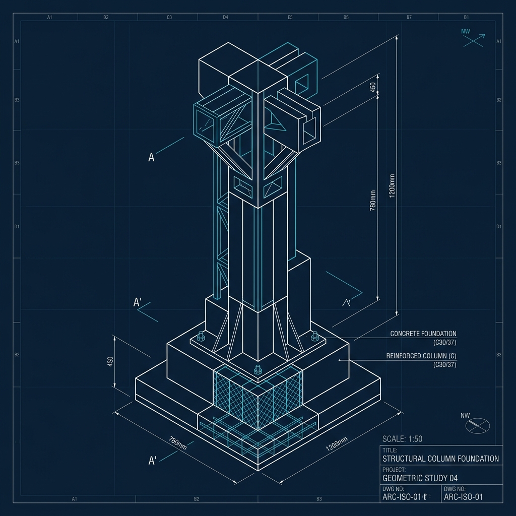 Illustrazione tecnica isometrica di una colonna e fondazione strutturale